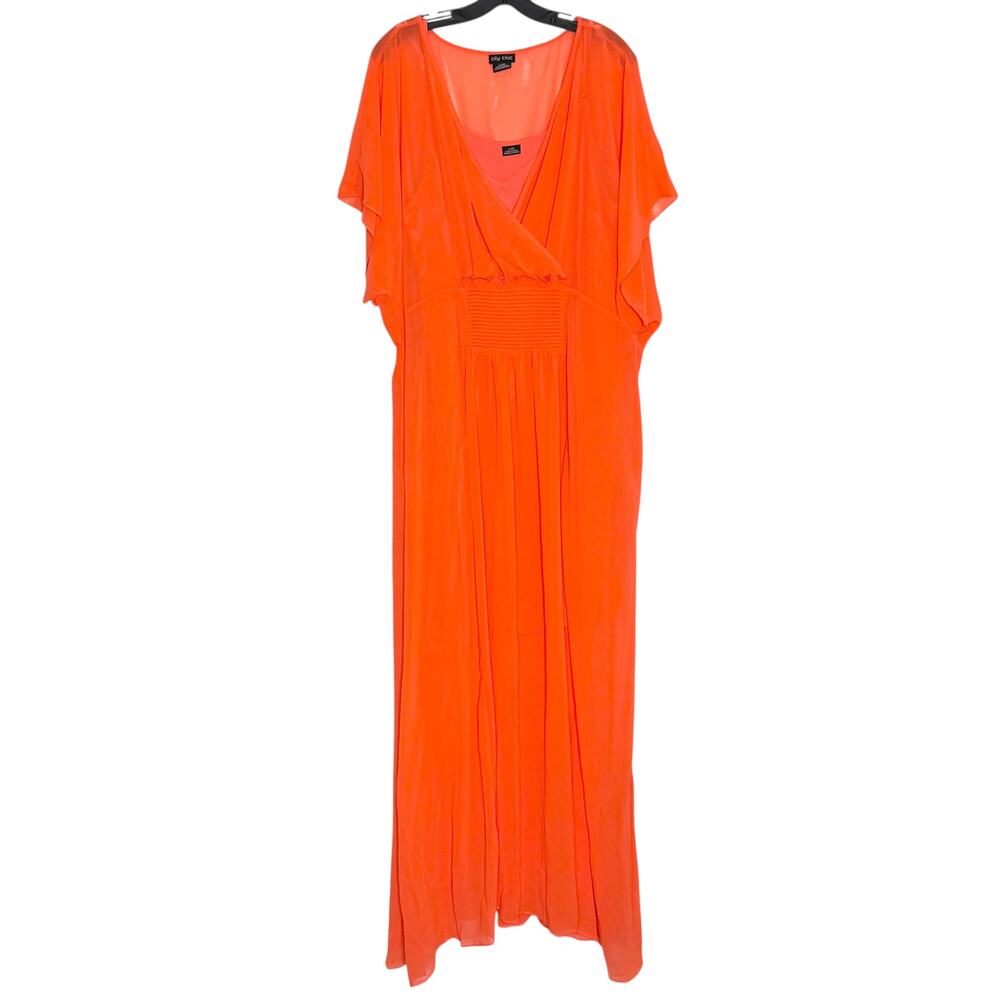 City Chic Plus Size L/20 Orange Sheer Chiffon Maxi Dress Boho Resort Vacation